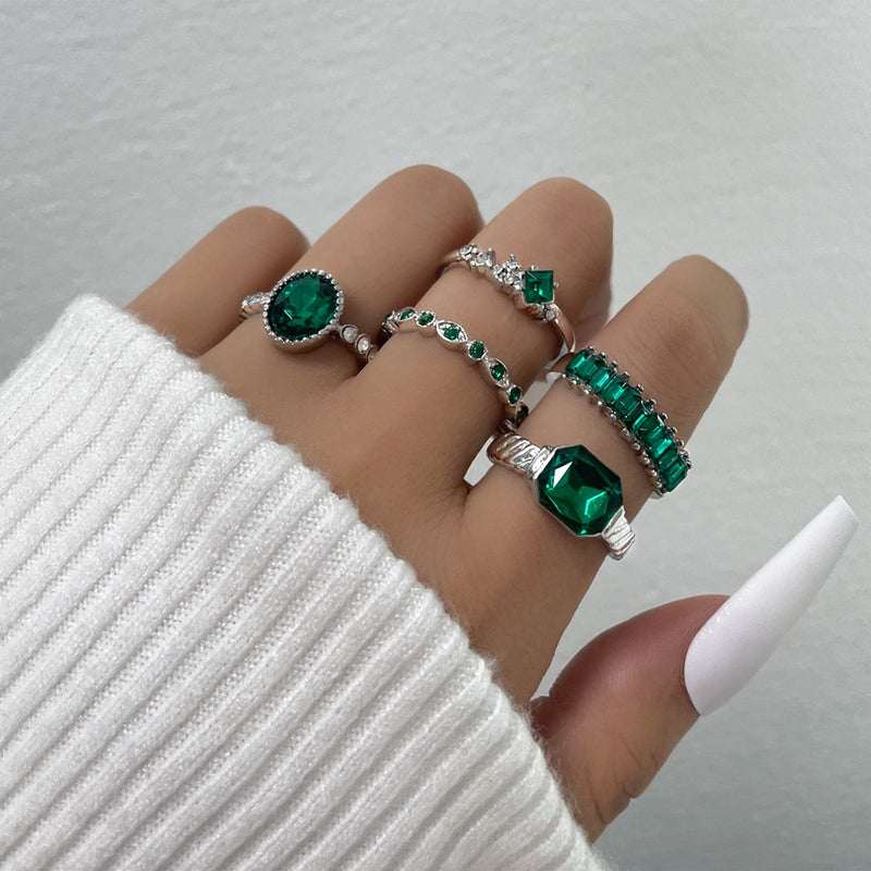 5Pcs Green Crystal Rings Set