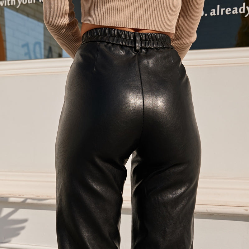 Faux Leather Elastic Waist Cargo Pants