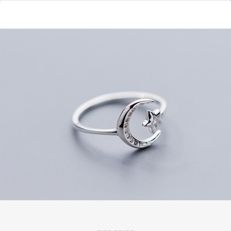 925 Sterling Silver Minimalist Zircon Moon Star Ring