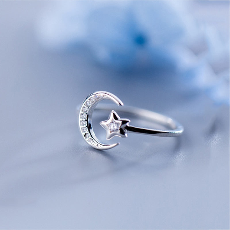 925 Sterling Silver Minimalist Zircon Moon Star Ring