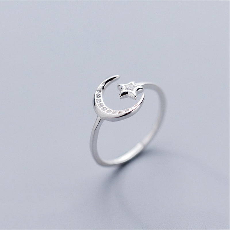 925 Sterling Silver Minimalist Zircon Moon Star Ring