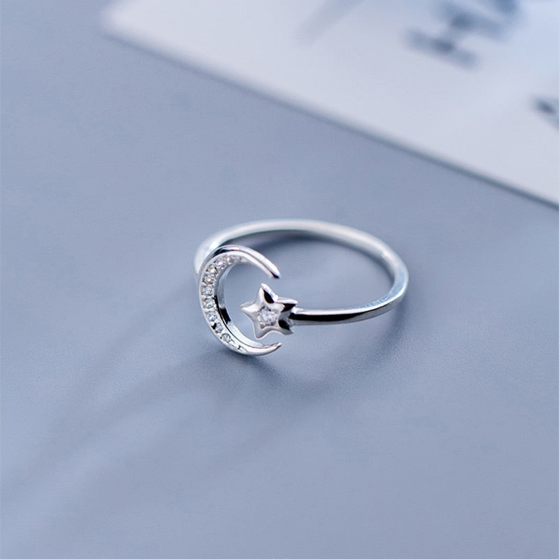 925 Sterling Silver Minimalist Zircon Moon Star Ring