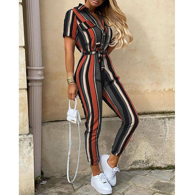 Casual Lapel Buckle Printed Belt Jumpsuit