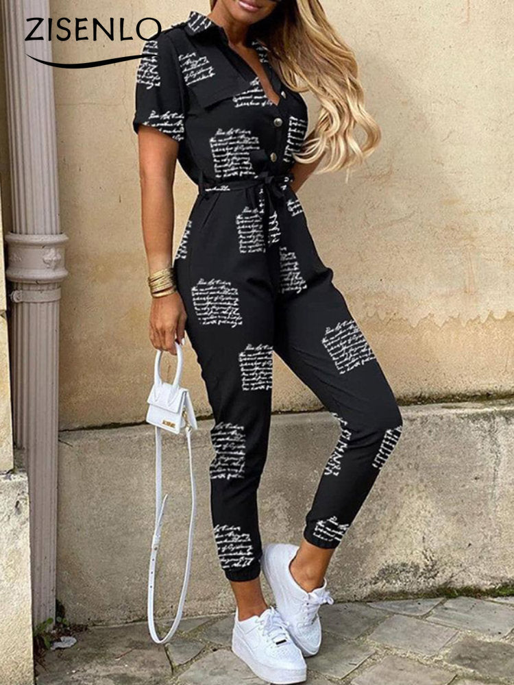 Casual Lapel Buckle Printed Belt Jumpsuit