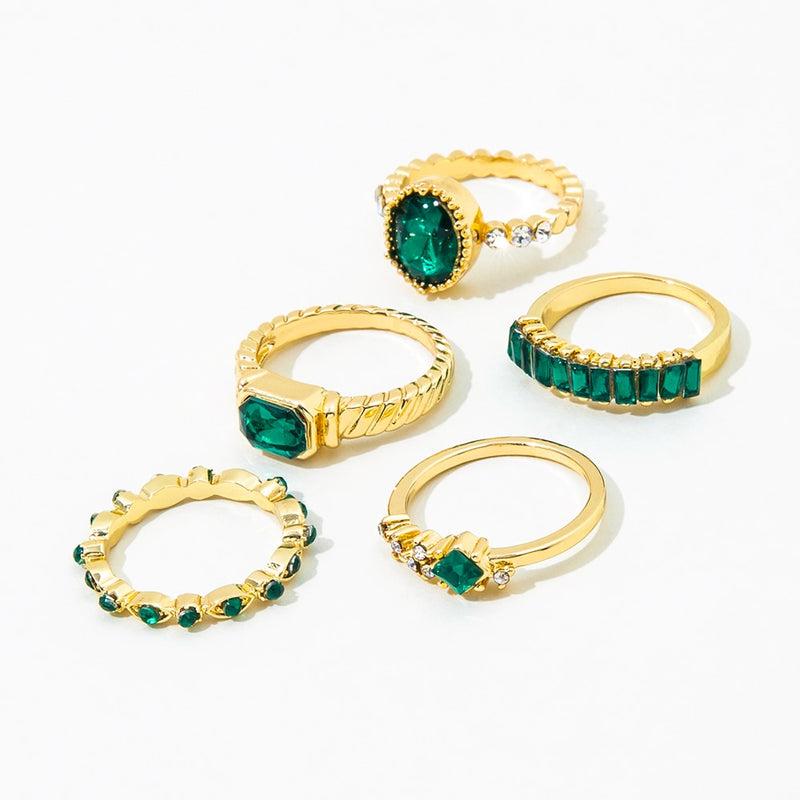 5Pcs Green Crystal Rings Set