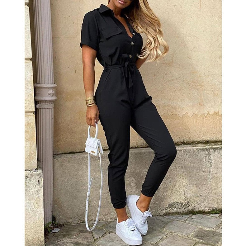 Casual Lapel Buckle Printed Belt Jumpsuit