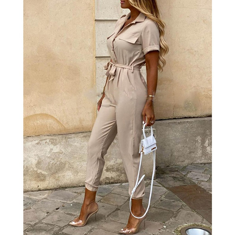 Casual Lapel Buckle Printed Belt Jumpsuit