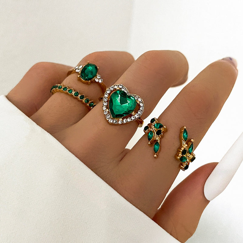 5Pcs Green Crystal Rings Set