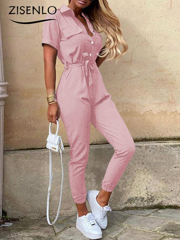 Casual Lapel Buckle Printed Belt Jumpsuit