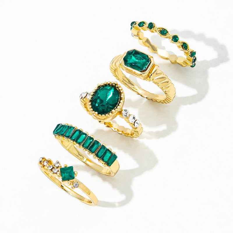 5Pcs Green Crystal Rings Set