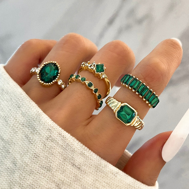 5Pcs Green Crystal Rings Set